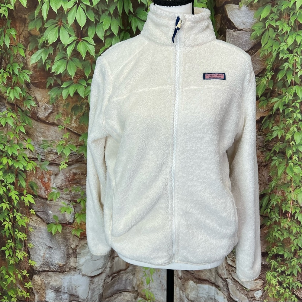 VINRYARD VINES Ivory Zip Front Long Sleeve Fleece Jacket, XS - Picture 3 of 14
